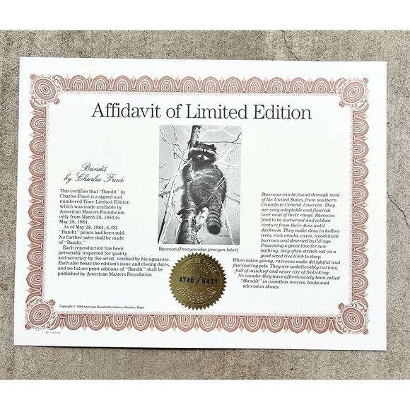 1984 Charles Fracé “Bandit, Raccoon” Large Signed Lithograph Print 30”X22” w/COA - Picture 10 of 11